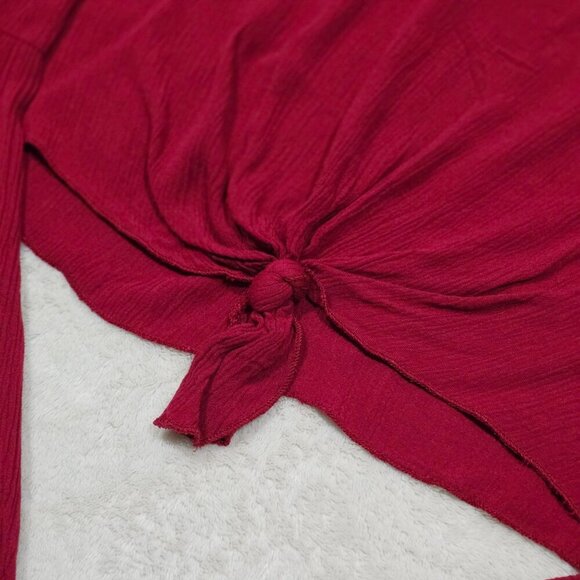 Red Flare Sleeve Crop Top ✦ Windsor Tie-Front Textured Boho Style ✦ Made in USA - Picture 7 of 13